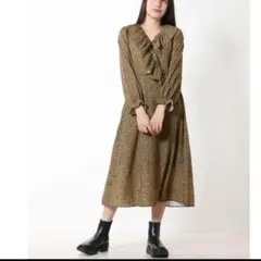 RURU /レオパードVネックフリルドレス 長袖ロングワンピース ヒョウ柄