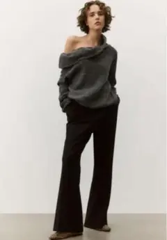 リブ編みオフショルダーセーター グレー　H&M