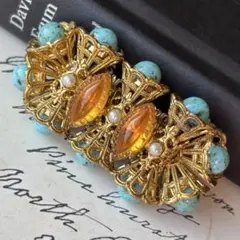 1411ヴィンテージ◎Austria刻印◎アートガラス&フォクスパールブローチ