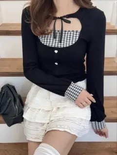 SHEIN M ギンガムチェック切替 ハートボタン ニットトップス