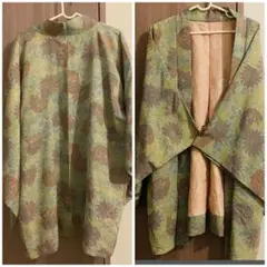 羽織　花柄　グリーン系　紬