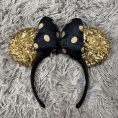 ミニーマウス風カチューシャ（黒リボン・金ラメ耳）