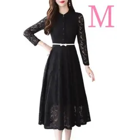 【ブラック M】ドレス ロング 長袖 立襟 ワンピース ベルト付き 総レース