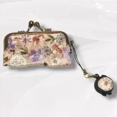 インド刺繍リボン 印鑑ケース 花柄刺繍 ミニ朱肉ストラップ付き 小物入れ がま口