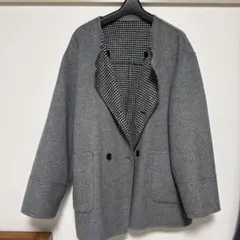 グレー ノーカラーダブルボタンジャケット