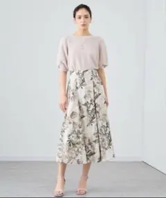 アナイ リネンポリフラワーフレアスカート
