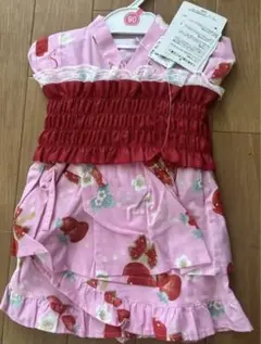 90サイズ いちご柄　りんご飴柄　ピンク 赤 浴衣　甚平 3点セット