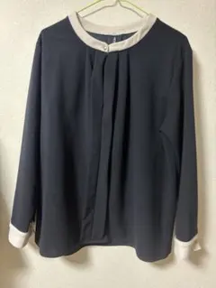 HK WORKS LONDON 配色ブラウス 長袖 ネイビー×ベージュ LLのサムネイル