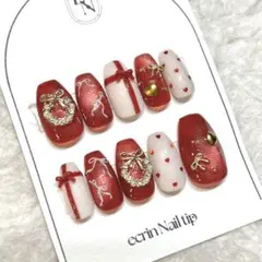 韓国 冬 クリスマス チェック ボルドー マグネット フラッシュ リボン ネイル