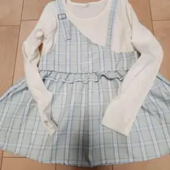 130サイズ チェック柄サロペット風長袖カットソー