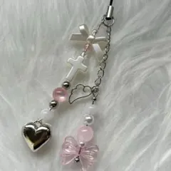 ビーズキーホルダー　ビーズストラップ　リボン　ハート　ピンク　シンプル　韓国　羽