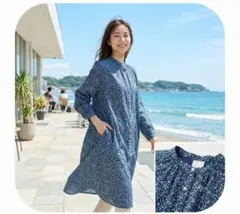 ichi 小花柄 ロングシャツ　ネイビー 長袖のサムネイル