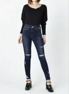 スキニージーンズ ダメージ加工 ハイウエスト　EMODA