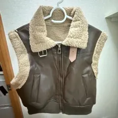 ボア レザーベスト ブラウン 韓国風 秋冬 アウター