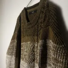 【個性派古着】ケーブルニットセーター ブラウン・ホワイト　総柄　美品　Lサイズ