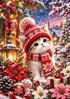 クリスマス 子猫 アートポスター 冬の風景