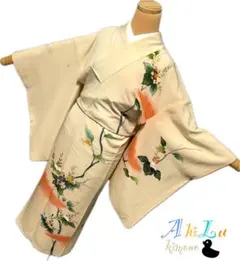 【i10115】 訪問着・付下 袷 正絹 緑 オレンジ ～154cm 袴にも◎