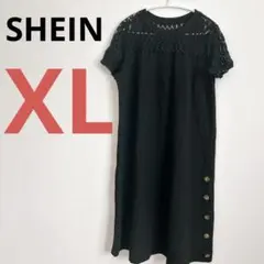 美品✨️ レース袖ひざ丈ワンピース ブラック 【XL】 ワンピース ひざ丈 半袖