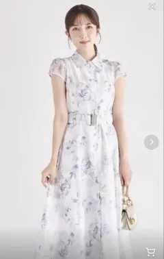 トッコクローゼット　ベルト付き水彩シアーフラワープリントシャツワンピース