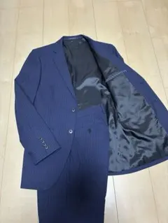 ネイビー ストライプ ビジネススーツ　パンツダブル仕立て