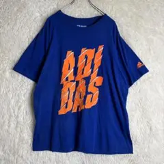 XL　Tシャツ　アディダス　デカロゴ　グラフィック　青×オレンジ　ゆったり