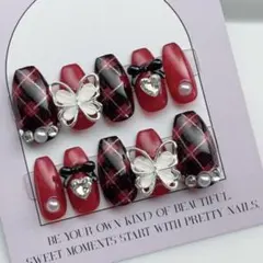 チェック 地雷系 ワンホン フレンチガーリー 韓国 スナ系 量産型 ネイルチップ