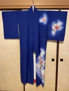 青い紬の花柄着物