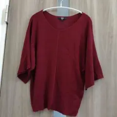 UNIQLO リブVネック 半袖ニット ボルドー Sサイズ