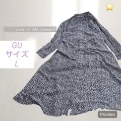【ジーユー/GU】フラワープリントシャツワンピース/L/ウエストリボン/ロング