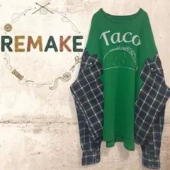 XL相当 ゆったりゆるだぼ ドッキングTシャツ×チェック柄シャツ 古着リメイク