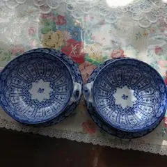 美濃焼　龍峰窯　染付　小花紋　スープカップ＆ソーサー　受け皿付き2客セット