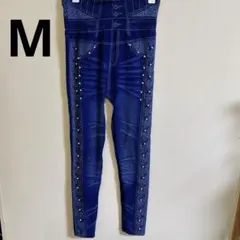 デニムプリント レギンス スキニー パンツ アンクル 裾細 M 紺