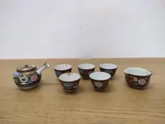 古伊万里風 色絵 煎茶器揃 急須 湯冷まし 茶碗5客 人物梅文 在銘 7点