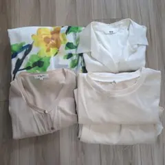 ホワイトセットアップとフラワースカート、カーディガン、シャツの4点