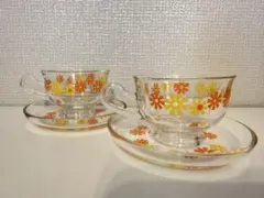 アデリア 昭和レトロ 花柄 カップソーサー 2客 ガラス製 オレンジ イエロー