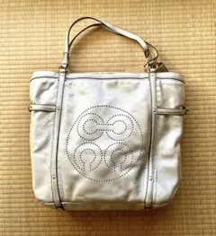 COACH オードリー エディトリアル ジュエルド シルバー リネン バッグ 