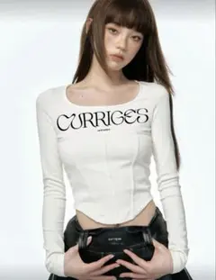 shein CURRIGES ロゴ入り ホワイト長袖トップス