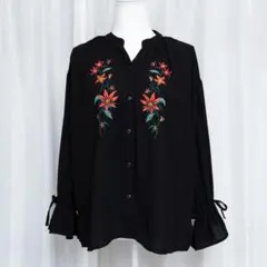 刺繍ブラウス キャンディスリーブ ブラック Mサイズ
