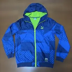 【美品】PUMA ウインドブレーカー フード付 ブルー×蛍光グリーン