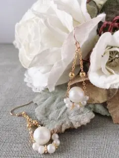 No.378コットンパールボールチェーンピアス（イヤリング）