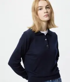 【美品】ユニクロ UNIQLO メリノポロセーター ネイビー ニット Mサイズ