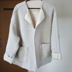 ノーカラーコーデュロイジャケットアイボリー　裏ボア　リバーシブル