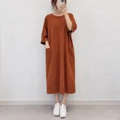 【Sellayen】ロングワンピース ブラウン L 7分袖 ポケット付き