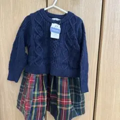 ネイビー ケーブルニット チェック柄ワンピース