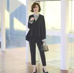 RUIRUE BOUTIQUE ブラック ノーカラーフレアーペプラムパンツスーツ