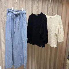 デニムワイドパンツ&レースポコポコ白黒２枚のサムネイル