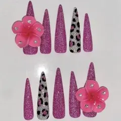 ネイルチップ ギャル 派手 平成 y2k フラッシュ ラメ プルメリア ヒョウ柄