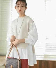 ？VIS ティアードブラウスレイヤード風ドッキングプルオーバー ベージュ系