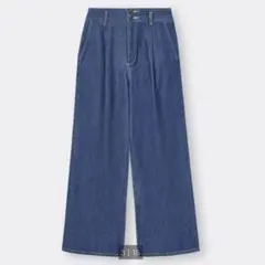GU ライトデニム タックワイドパンツ ブルー Mウエストゴム
