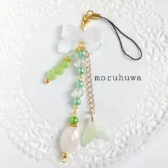 ビーズ キーホルダー ストラップ ハンドメイド y2k グリーン×ホワイト